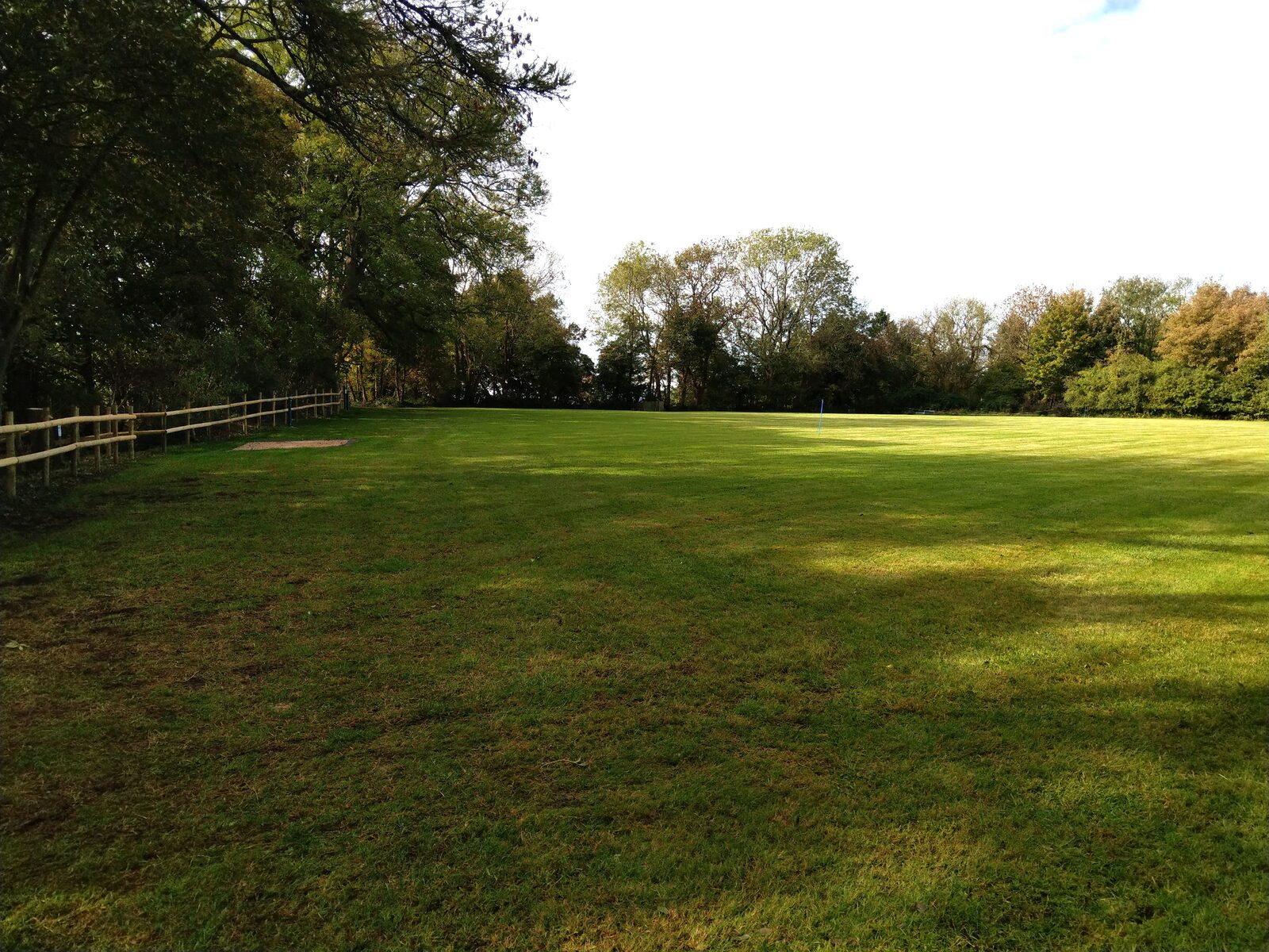 Sunlit grass field at Woodside Field with a post-and-rail fence along the treeline