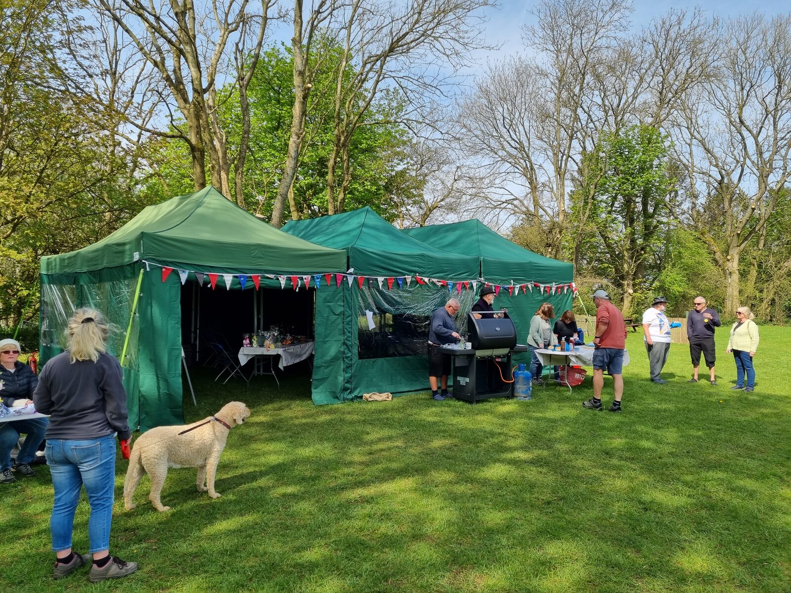 Communal gazebos with bunting set up for a rally barbecue